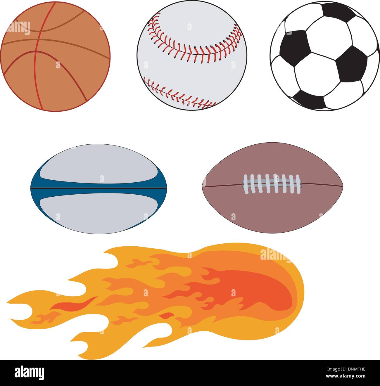 Illustration de divers sports balls y compris un terrain de basket-ball, baseball, soccer, ballon de rugby, football, et boule de feu. Illustration de Vecteur