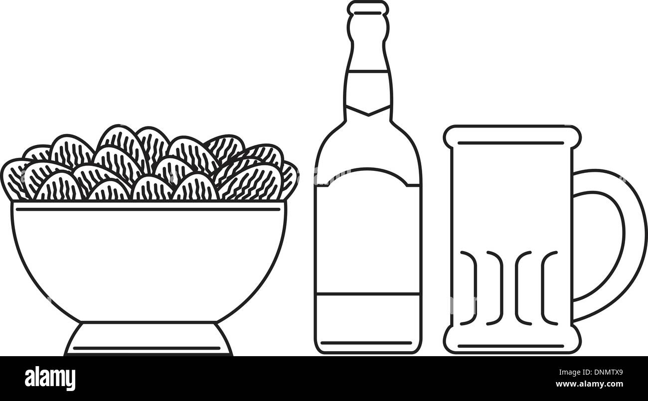 Illustration dessin de ligne d'une bouteille de bière, beer mug, bol de croustilles de pommes de terre en noir et blanc. Illustration de Vecteur