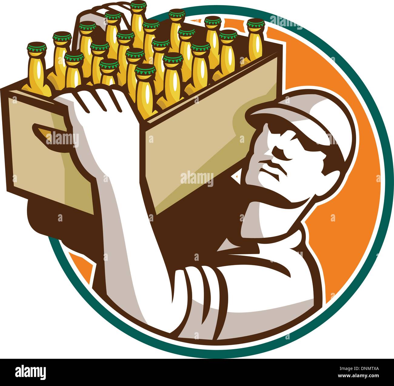 Retro style illustration d'un barman worker carrying caisse de bière jusqu'à la définir à l'intérieur du cercle isolées sur fond blanc. Illustration de Vecteur