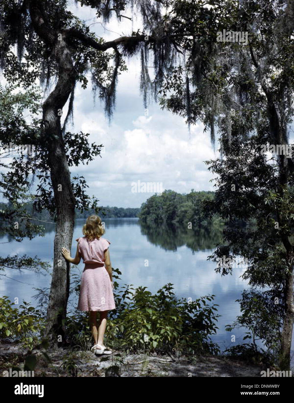 Lois Duncan Steinmetz est vu contempler la rivière Suwannee dans les années 1940 Cette photographie de la collection Joseph Janney Steinmetz capture un moment de contemplation au bord de la rivière, avec de la mousse espagnole suspendue aux arbres et des nuages dérivant à travers le ciel. Banque D'Images