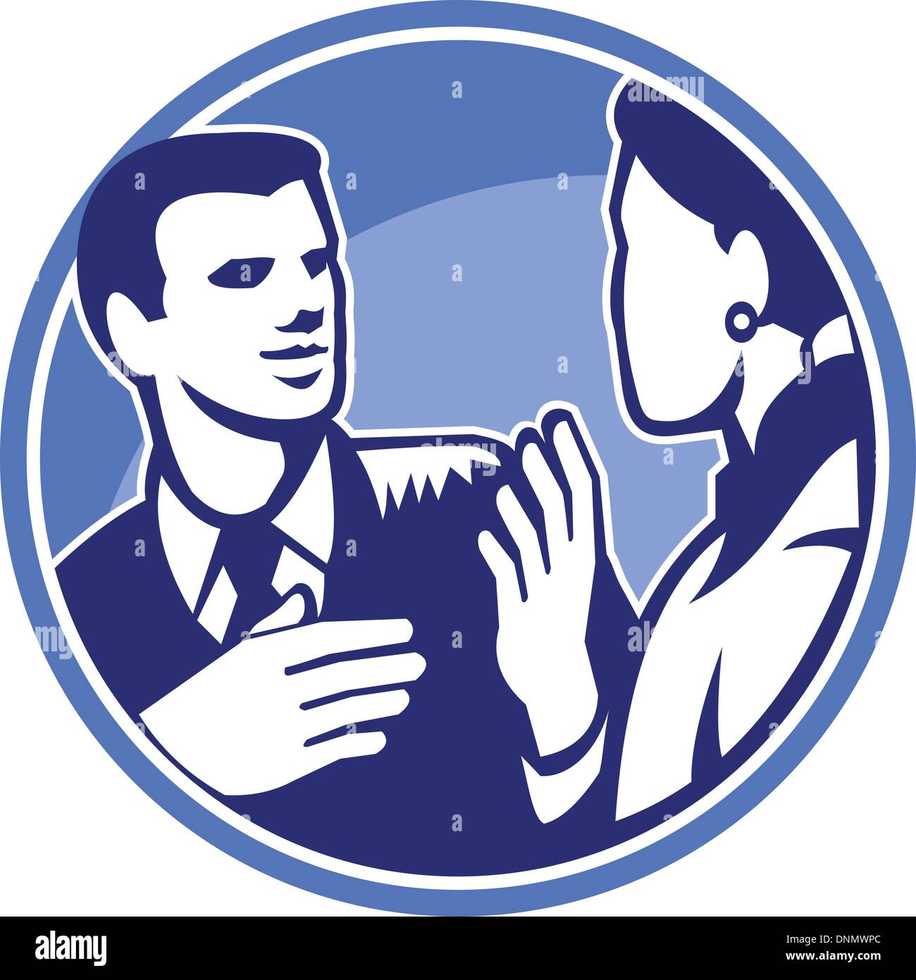 Illustration d'un employé de bureau couple mâle et femelle en discussion avec collègue fait en rétro style gravure sur bois situé à l'intérieur du cercle. Illustration de Vecteur