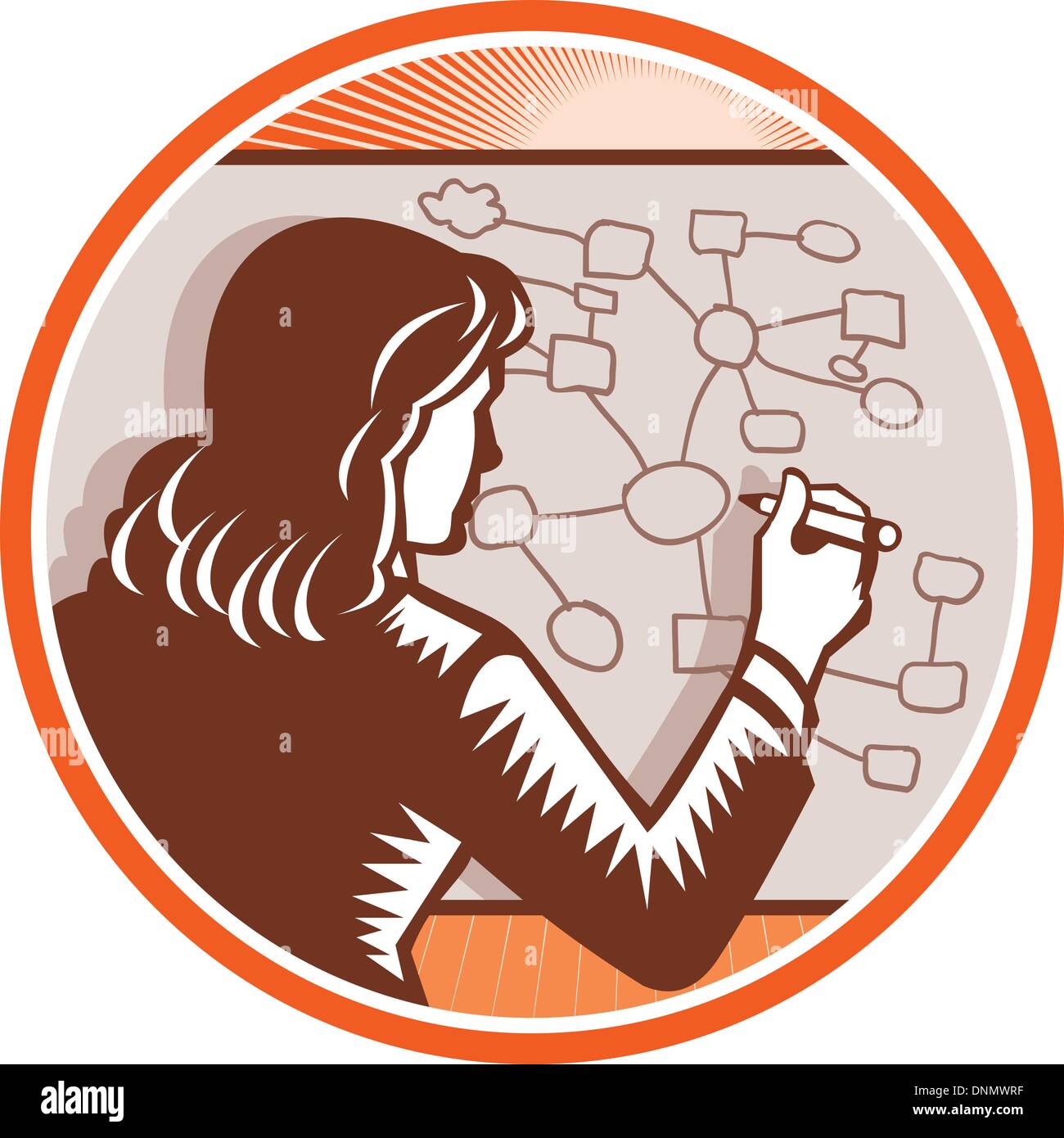 Illustration d'une femme d'affaires employé de bureau de l'intervenant présentation Présentation de l'enseignant écrit en écriture sur tableau blanc avec des diagrammes complexes et les cartes d'esprit fait en rétro style gravure sur bois. Illustration de Vecteur