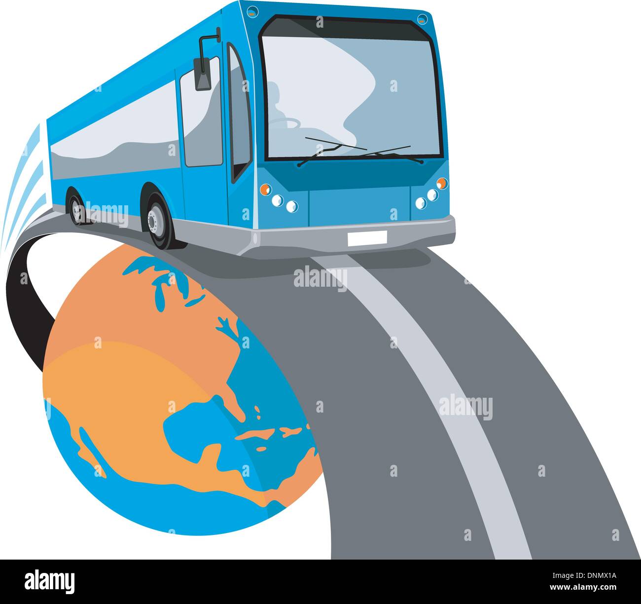 Illustration d'une navette bus autocar voyageant sur globe monde isolé sur fond. Illustration de Vecteur