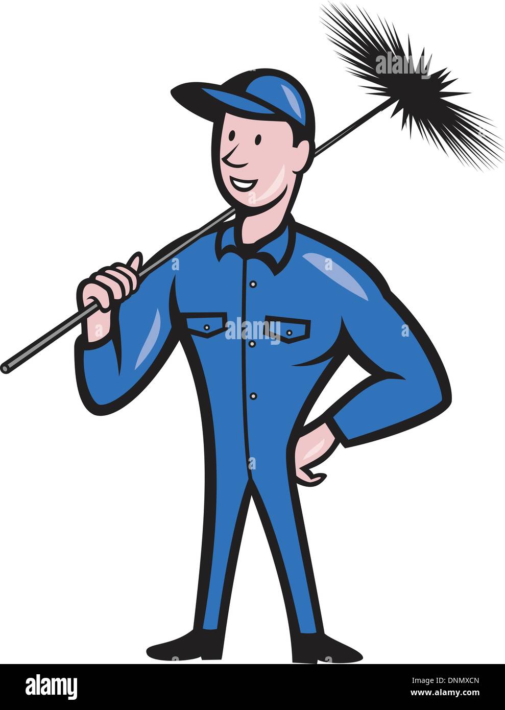 Illustration d'un ramoneur travailleur plus propre avec balai balayage vue de l'avant fait en style cartoon. Illustration de Vecteur