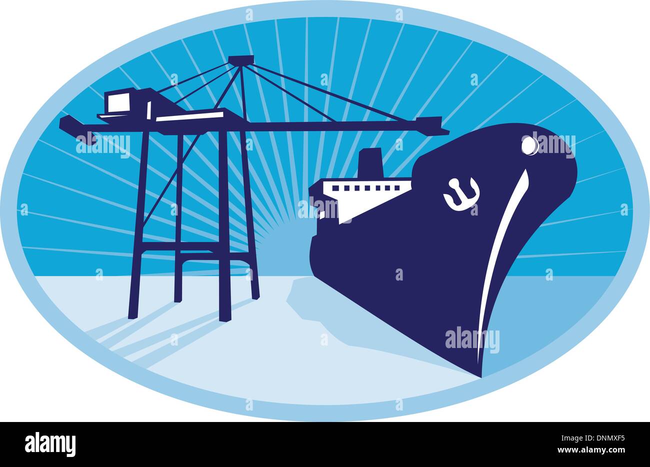 Illustration d'une grue à flèche contenant le chargement d'un bateau navire dans les docks situé à l''intérieur de l'ellipse fait en style rétro. Illustration de Vecteur