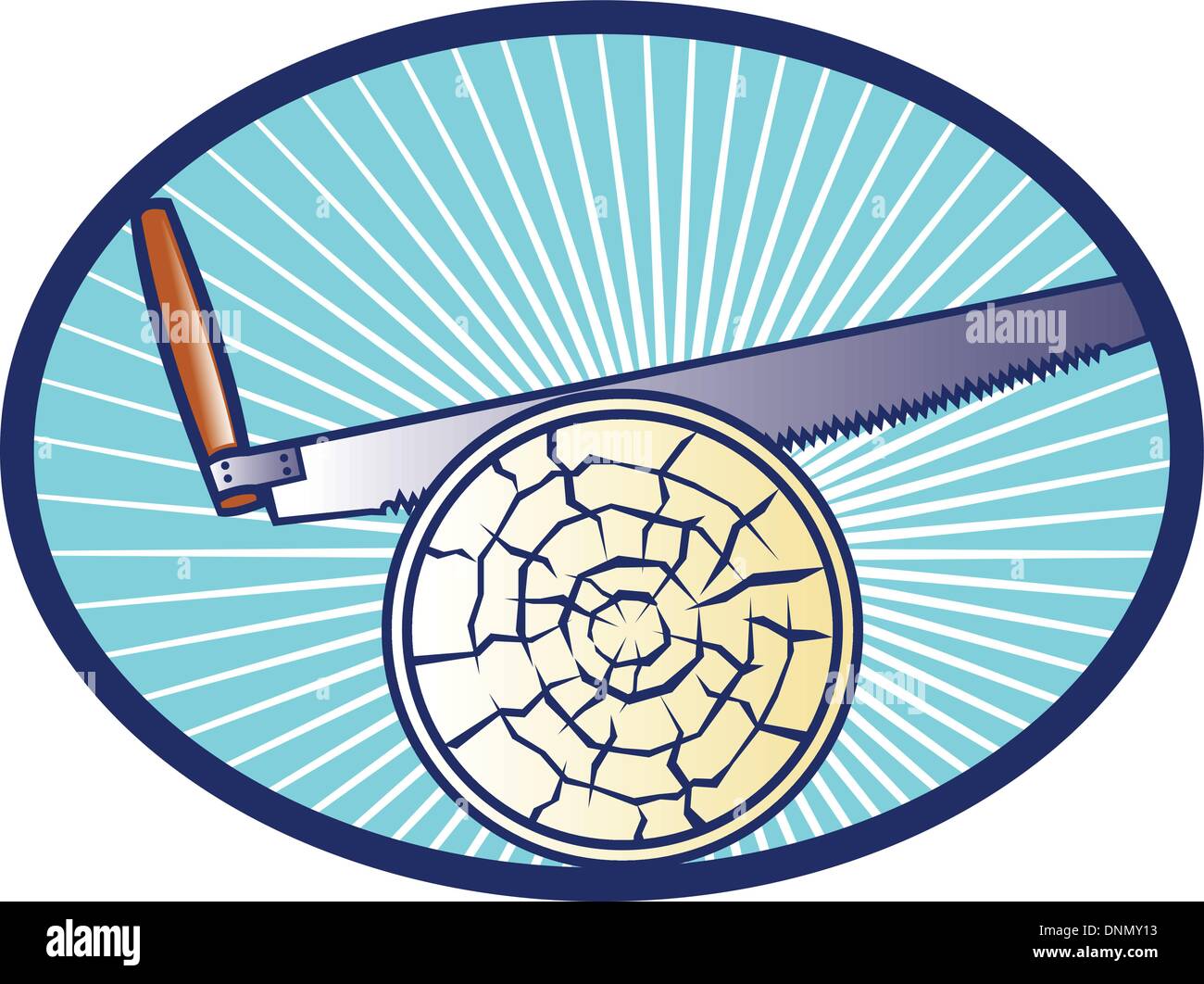 Retro illustration d'un cross-cut scie à main journal de coupe de bois situé à l'intérieur de l'ellipse ovale avec la solarisation. Illustration de Vecteur