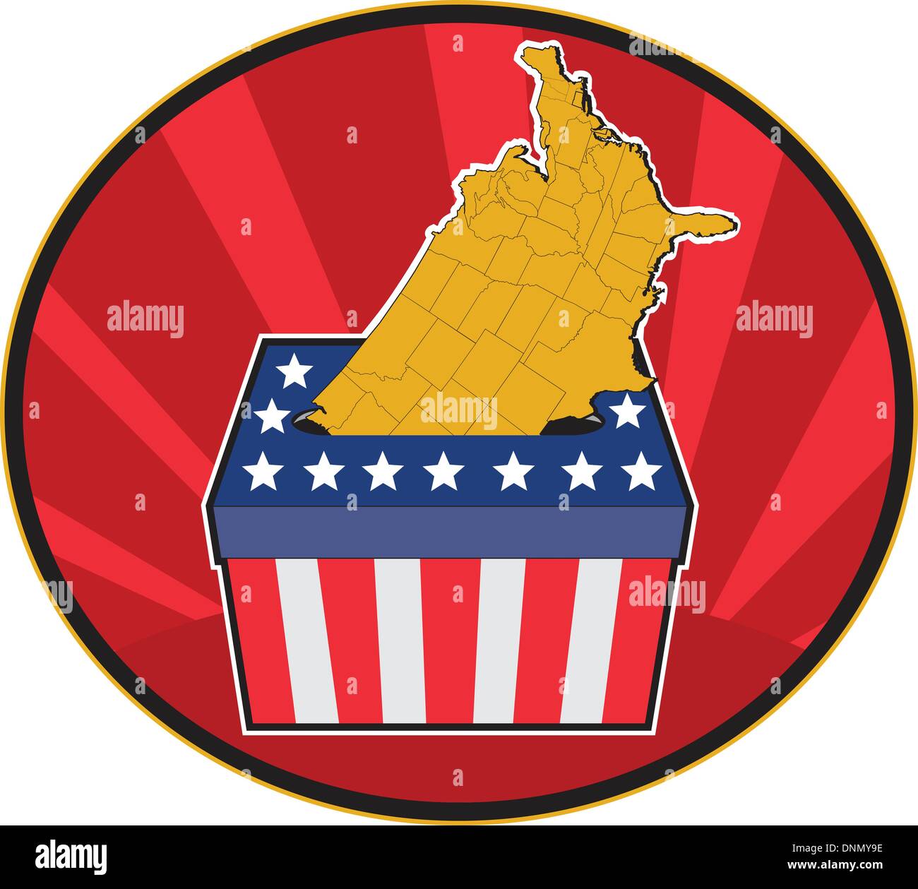 Illustration d'une urne électorale avec American stars and stripes drapeau et carte des États-Unis d'Amérique a l'intérieur d'une ellipse avec la solarisation en arrière-plan Illustration de Vecteur
