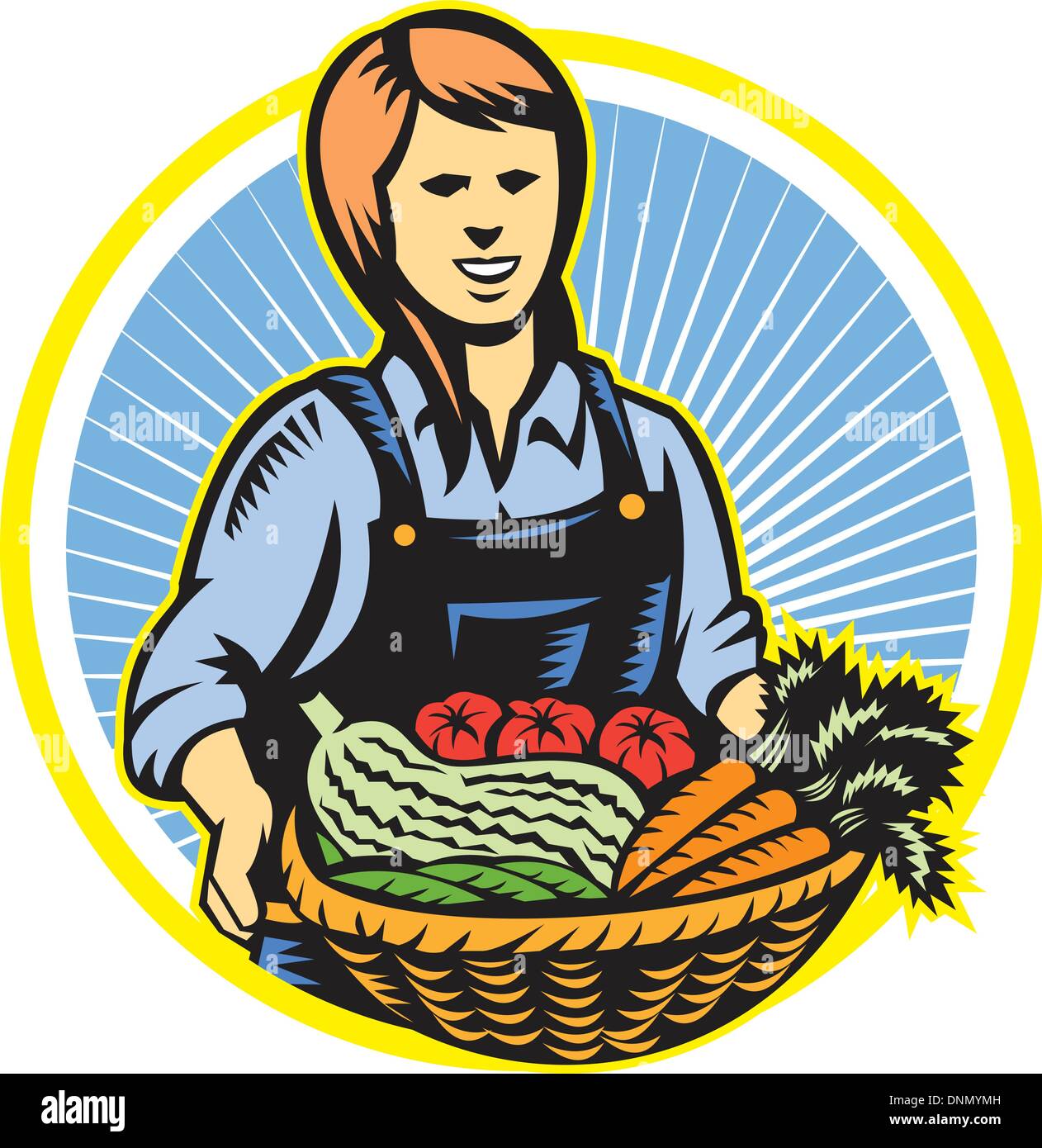 Illustration de la femme agricultrice biologique avec panier de récolte des cultures produisent des fruits légumes face à l'avant fixé à l'intérieur du cercle fait Illustration de Vecteur