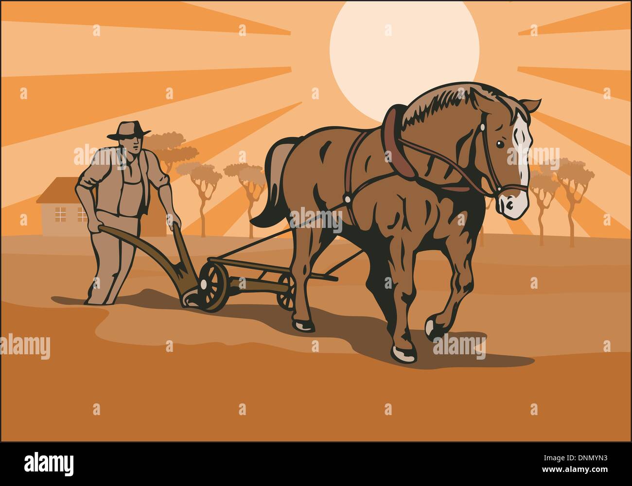 Illustration de l'agriculteur et le labour à cheval domaine fait dans le style rétro Illustration de Vecteur