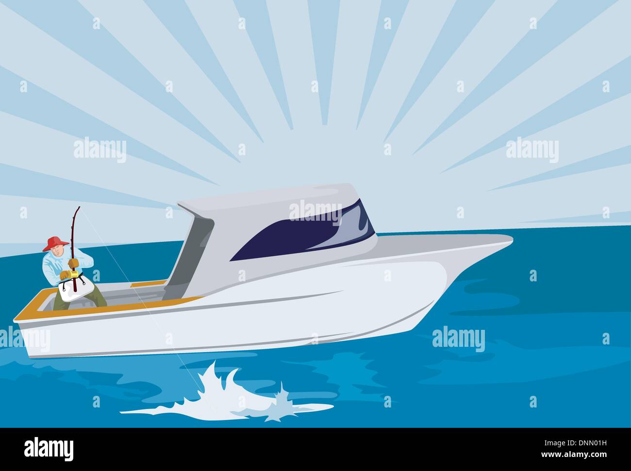 Illustration d'un fisherman casting de tige et de bobine sur le bateau fait dans le style rétro Illustration de Vecteur
