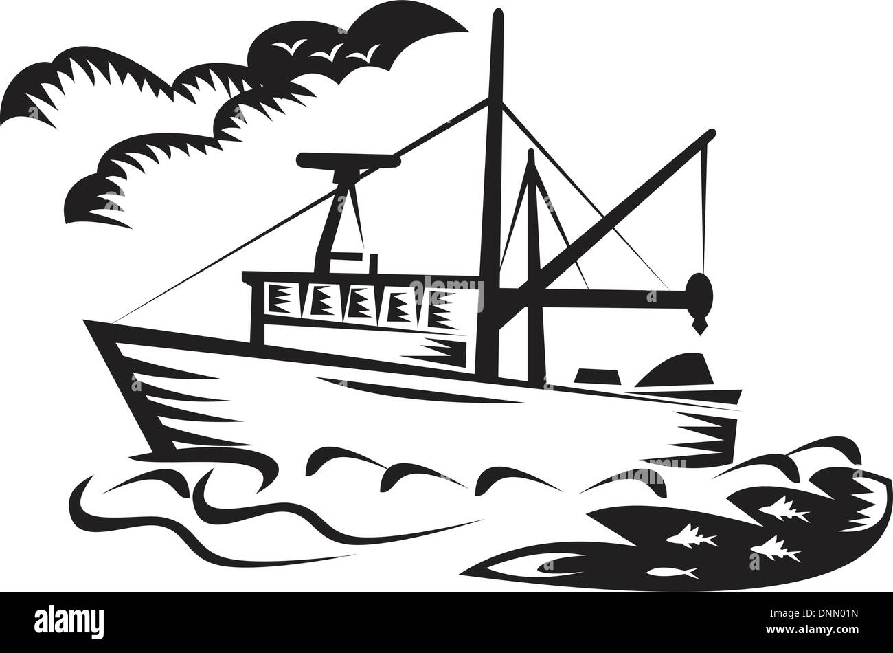 Illustration d'un bateau de pêche commercial navire sur mer de nuages et le poisson fait en rétro noir et blanc style gravure sur bois Illustration de Vecteur