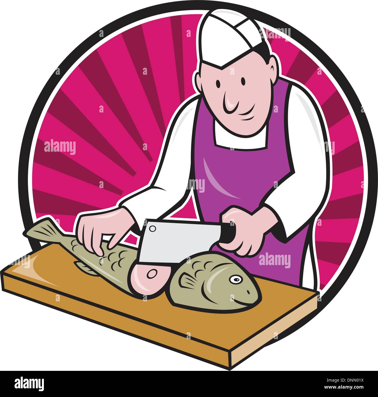 Illustration de style rétro d'un boucher poissonnier chef sushi travailleur coupe avec couperet à viande à hacher le poisson couteau face à l'avant fixé à l'intérieur du cercle sur fond isolé. Illustration de Vecteur