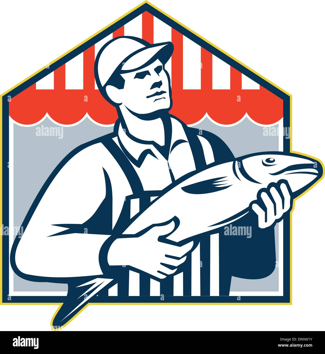 Illustration de style rétro d'un boucher poissonnier poissons travailleur face à l'avant sur fond isolé fait en style rétro. Illustration de Vecteur