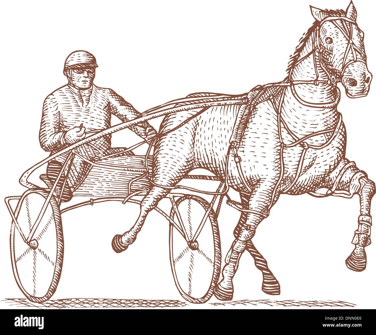 Illustration d'un horse and jockey harness racing isolées sur fond blanc fait en style rétro. Illustration de Vecteur