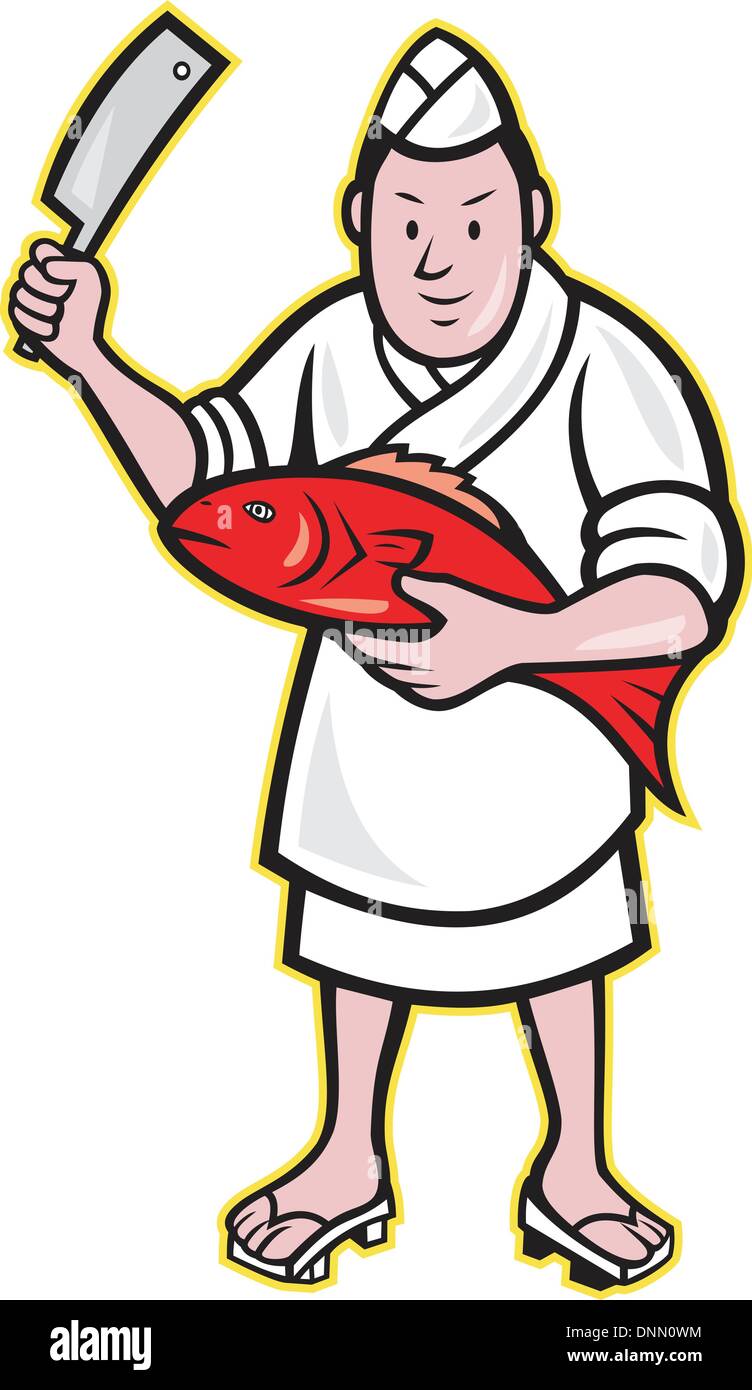 Illustration d'un poissonnier japonais chef cuisinier couteau de boucher avec du poisson rouge holding sur fond isolé. Illustration de Vecteur
