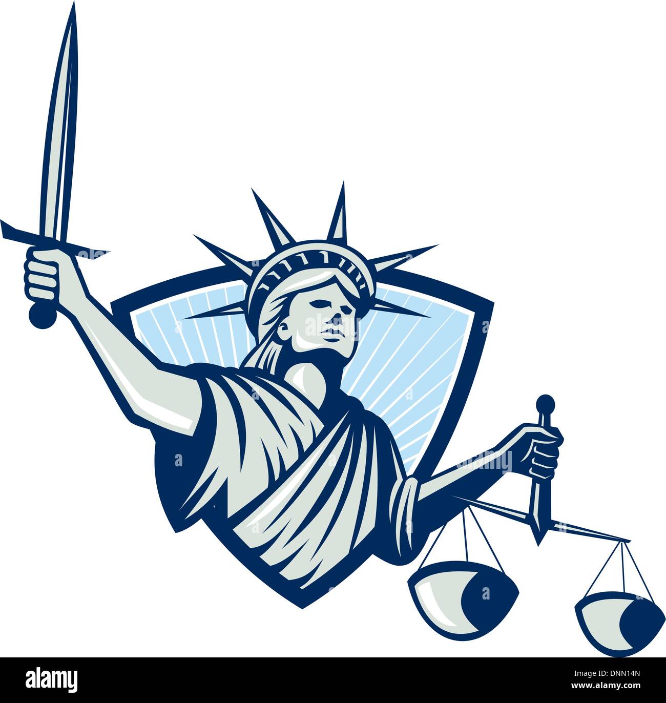 Illustration de dame de la statue de la liberté face à l'avant la tenue d''une balance de la justice et l'épée à l'intérieur set bouclier crest isolées sur fond blanc. Illustration de Vecteur