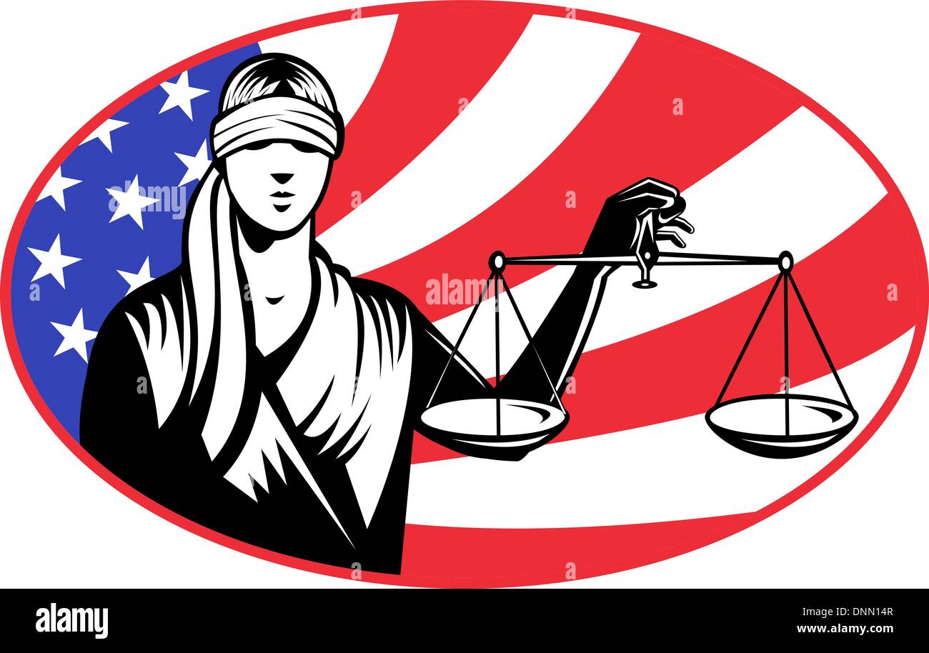 Illustration d'une femme avec les yeux bandés tenant balance de la justice avec american stars and stripes flag en arrière-plan défini à l'intérieur de l'ellipse. Illustration de Vecteur