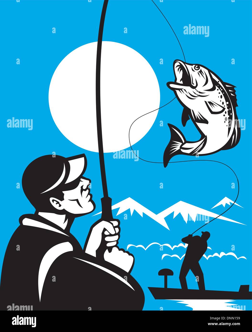 Illustration d'un achigan à grande bouche poisson sautant d'être fait par la pêche à la mouche à la basse bateau avec la canne à pêche fait dans le style rétro Illustration de Vecteur