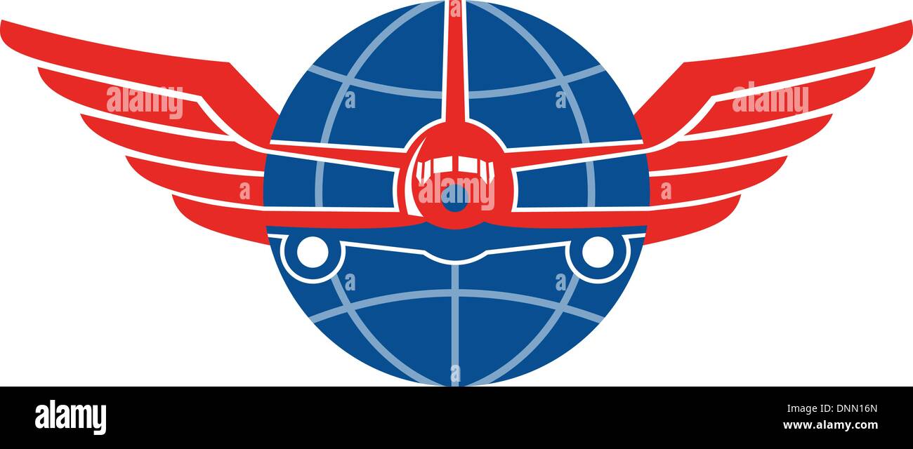 Illustration d'un jumbo jet avion avion vu de l'avant avec des ailes et globe sur fond blanc isolé. Illustration de Vecteur Illustration d'un jumbo jet avion avion vu de l'avant avec des ailes et globe sur fond blanc isolé. Illustration de Vecteur