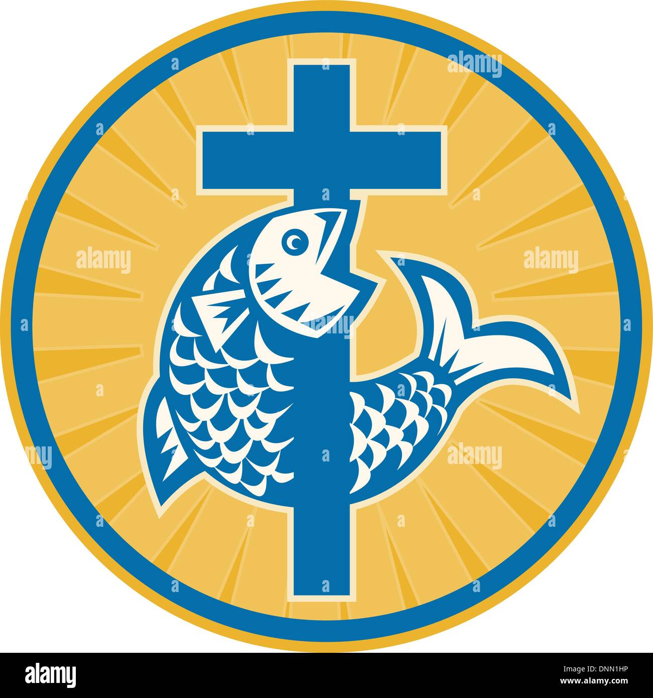 Illustration d'une croix chrétienne avec saut de poisson mis à l'intérieur du cercle fait en style retro isolées sur fond blanc un signe symbole du christianisme et de la foi chrétienne. Illustration de Vecteur
