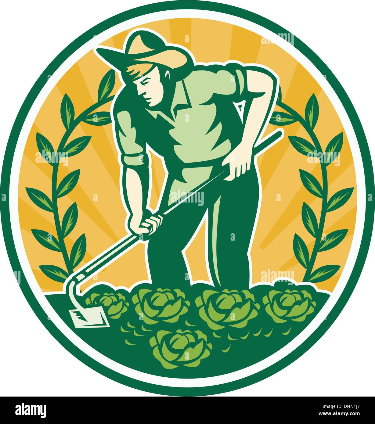 Illustration d'un agriculteur avec jardin jardinier hoe cabbage patch de vigne et fait dans le style rétro set à l'intérieur du cercle, Illustration de Vecteur