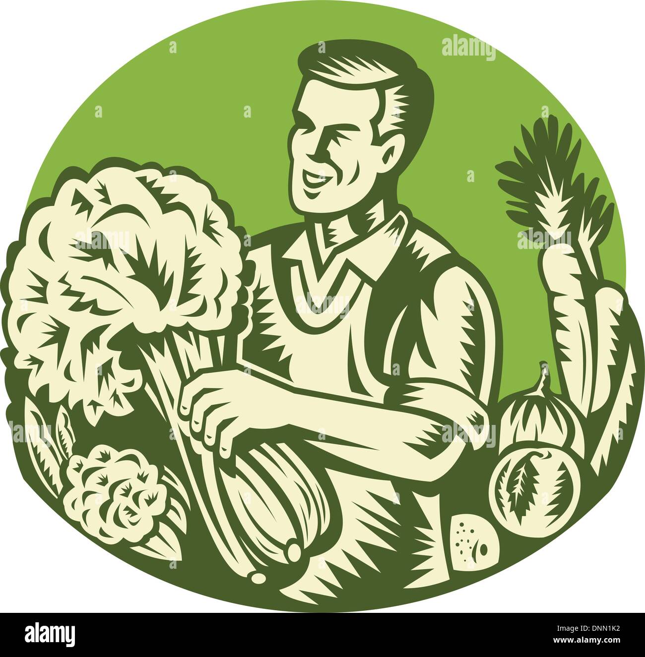Illustration d'un agriculteur biologique green grocer la récolte des légumes verts mis à l'intérieur du cercle fait retro woodcut style. Illustration de Vecteur
