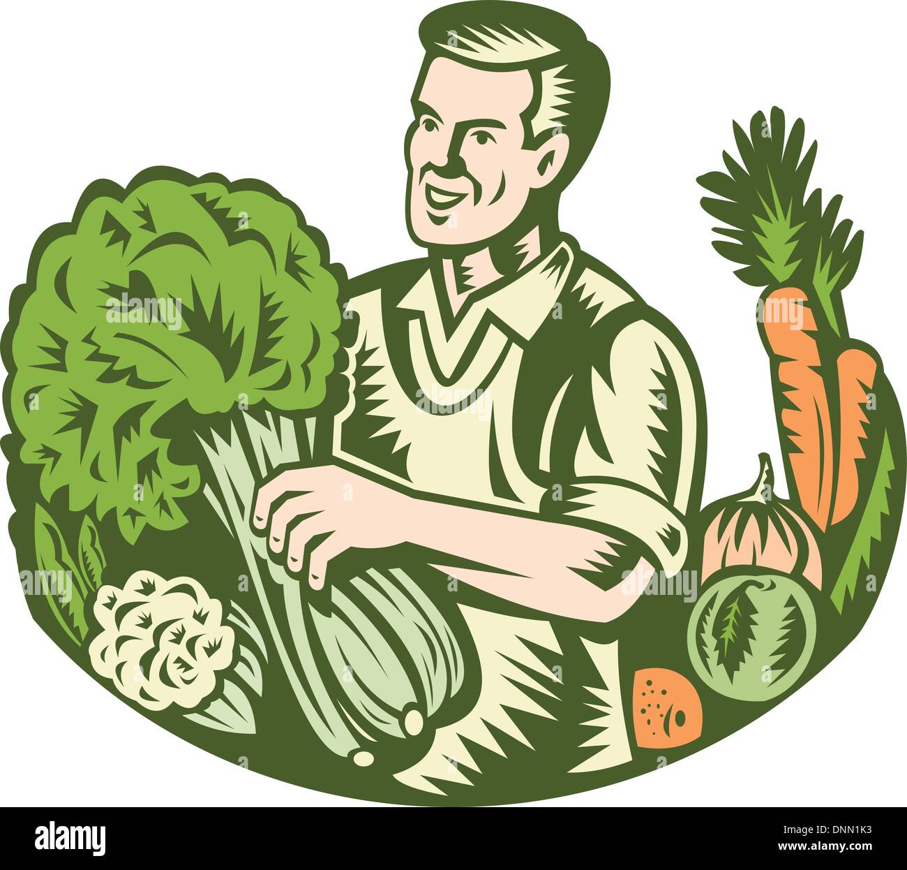 Illustration d'un agriculteur biologique épicier vert avec des légumes verts à la récolte de la ferme des cultures fait en rétro style gravure sur bois. Illustration de Vecteur