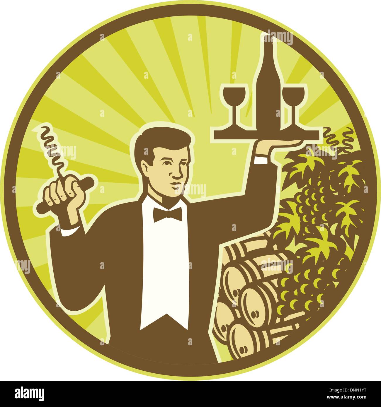 Illustration d'un waiter holding tire-bouchon et le service du vin et bouteille de verre sur le plateau avec le baril de vin et de vigne et de fruits en arrière-plan défini à l'intérieur du cercle style rétro. Illustration de Vecteur
