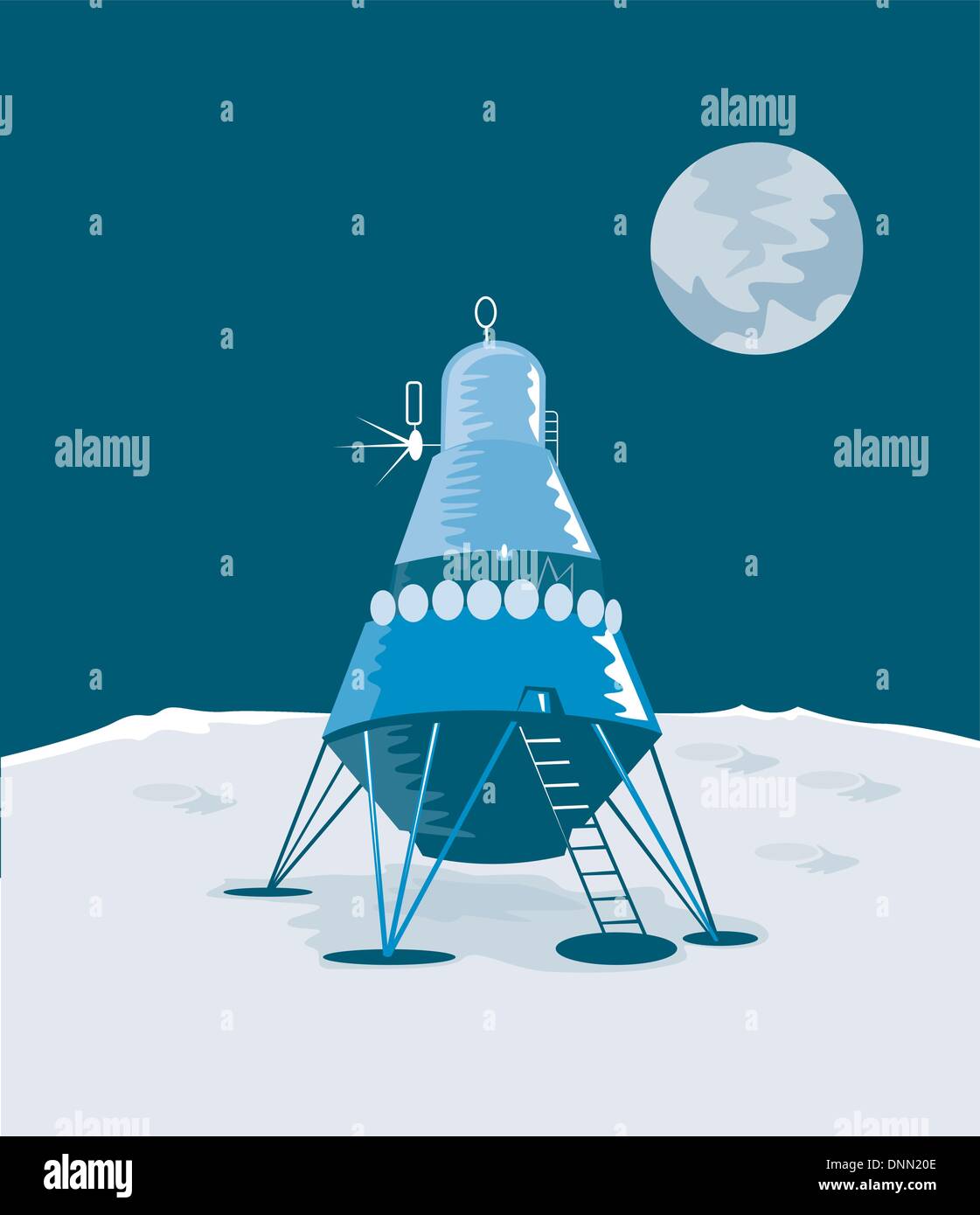 Illustration de l'atterrissage du module lunaire sur la lune isolé sur fond blanc fait en style rétro. Illustration de Vecteur