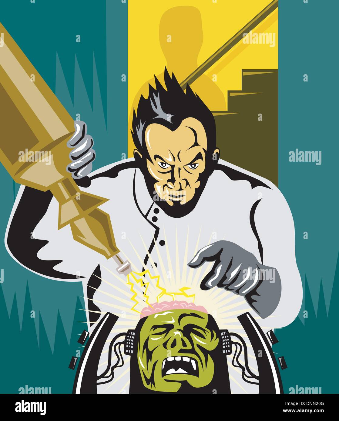 Illustration du laboratoire scientifique chimiste chercheur travaillant sur un Frankenstein fait en style rétro. Illustration de Vecteur