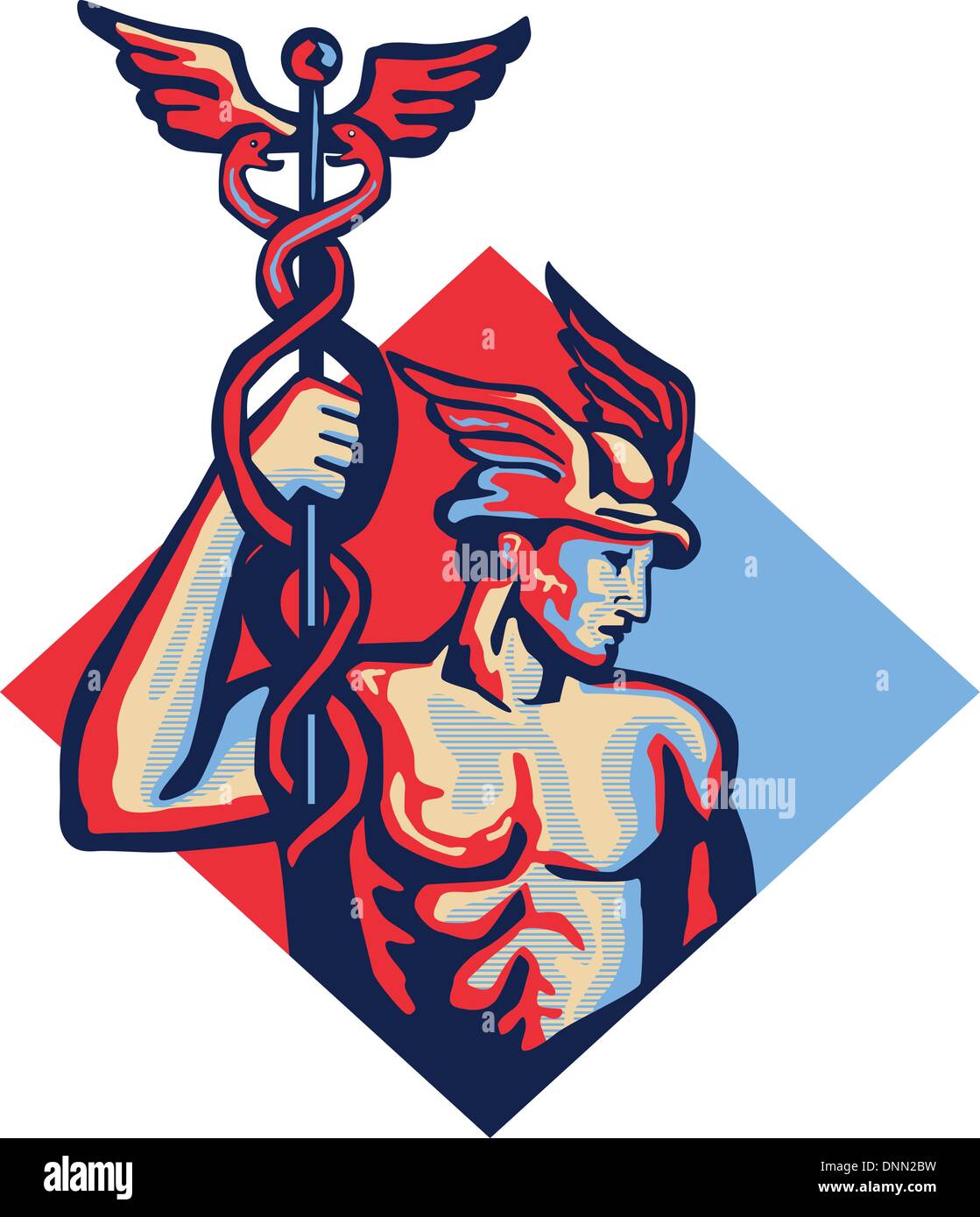 Illustration du dieu romain Mercure dieu patron de gain financier, le commerce, la communication et les voyageurs ailés portant un chapeau et tenant un caducée herald's personnel avec deux serpents entrelacés situé à l''intérieur de la forme en diamant style rétro. Illustration de Vecteur