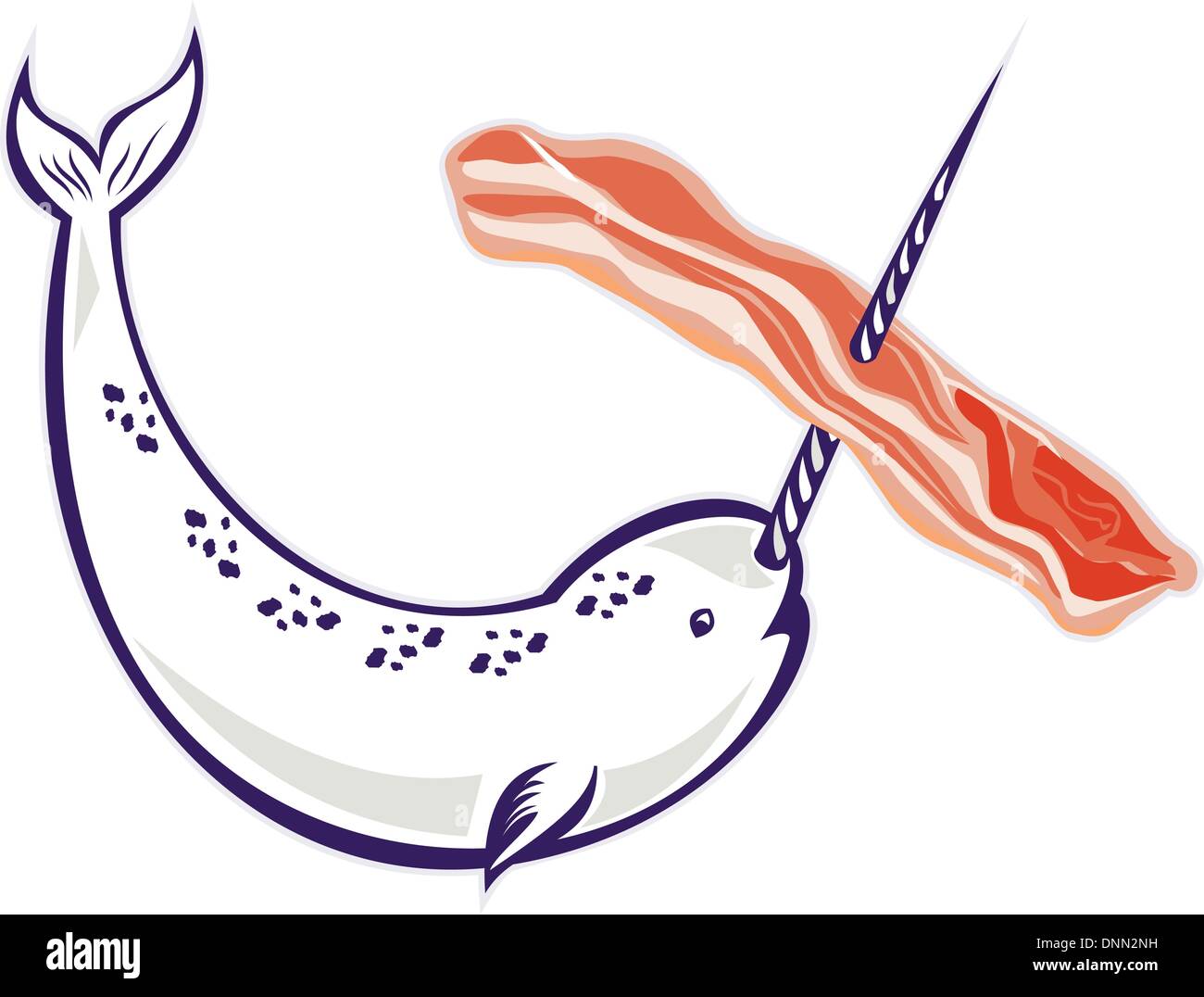 Illustration de narval Monodon monoceros unicorn whale stringing bacon avec bordure en corne Illustration de Vecteur