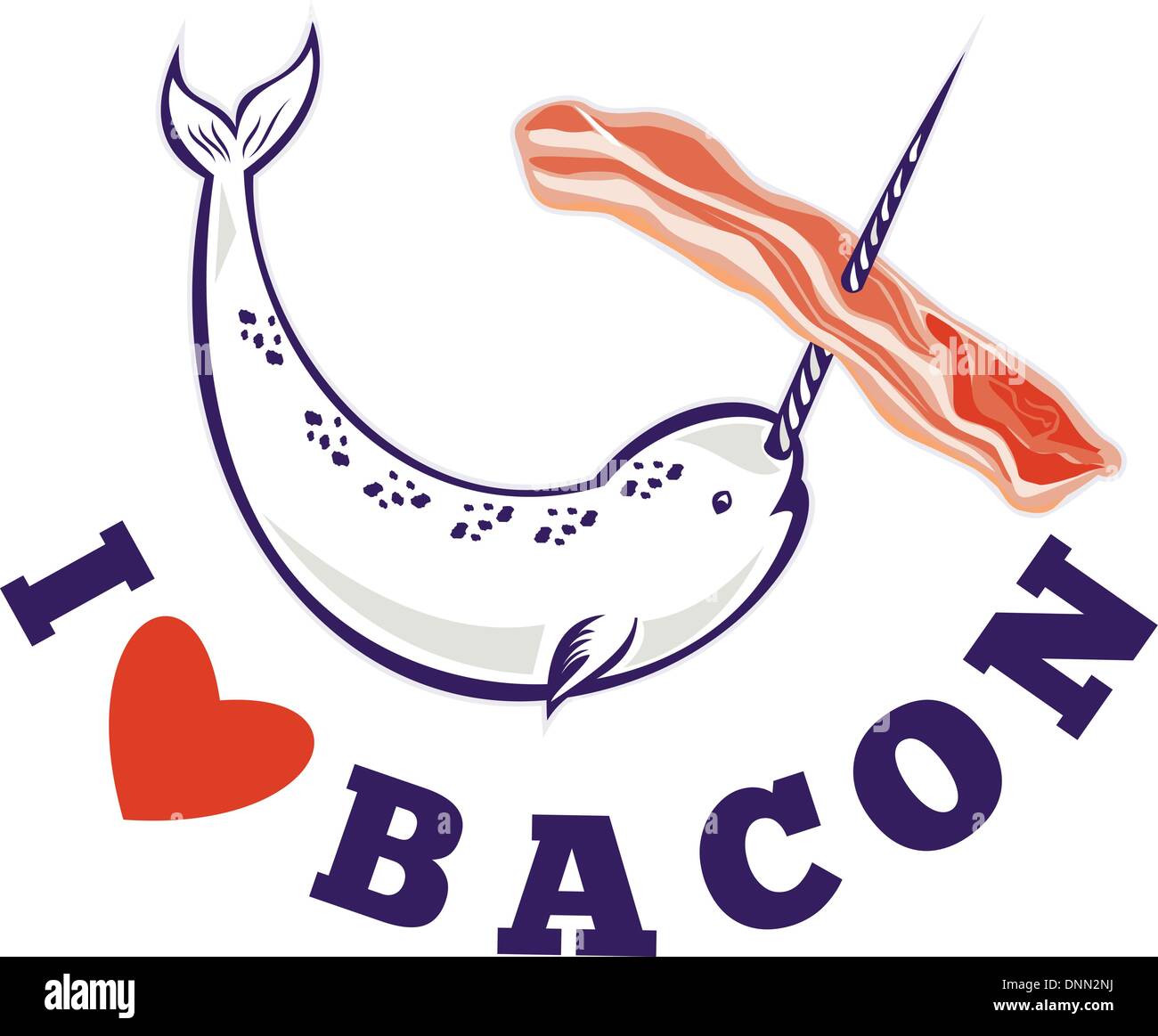 Illustration de narval Monodon monoceros unicorn whale stringing bacon avec bordure en corne et de mots que j'aime le bacon Illustration de Vecteur