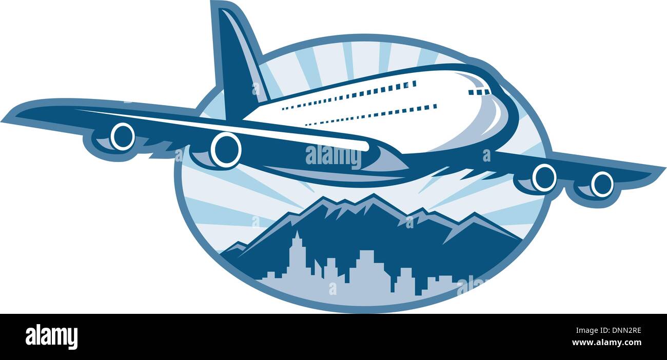 Illustration d'un Jumbo jet airliner avion décollant à l'horizon de la ville et les montagnes en arrière-plan. Illustration de Vecteur