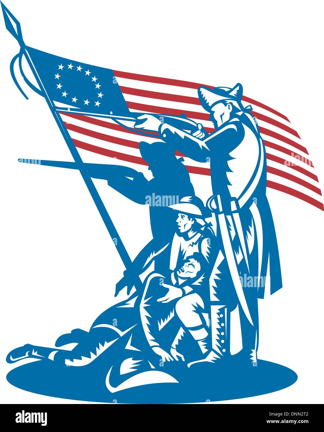 Illustration de patriotes américains se battre avec Betsy Ross pavillon isolé sur blanc. Illustration de Vecteur