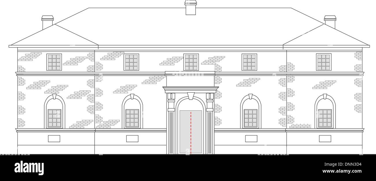 Dessin illustration d'un bâtiment maison patrimoniale vue de l'avant d'élévation sur fond blanc Illustration de Vecteur