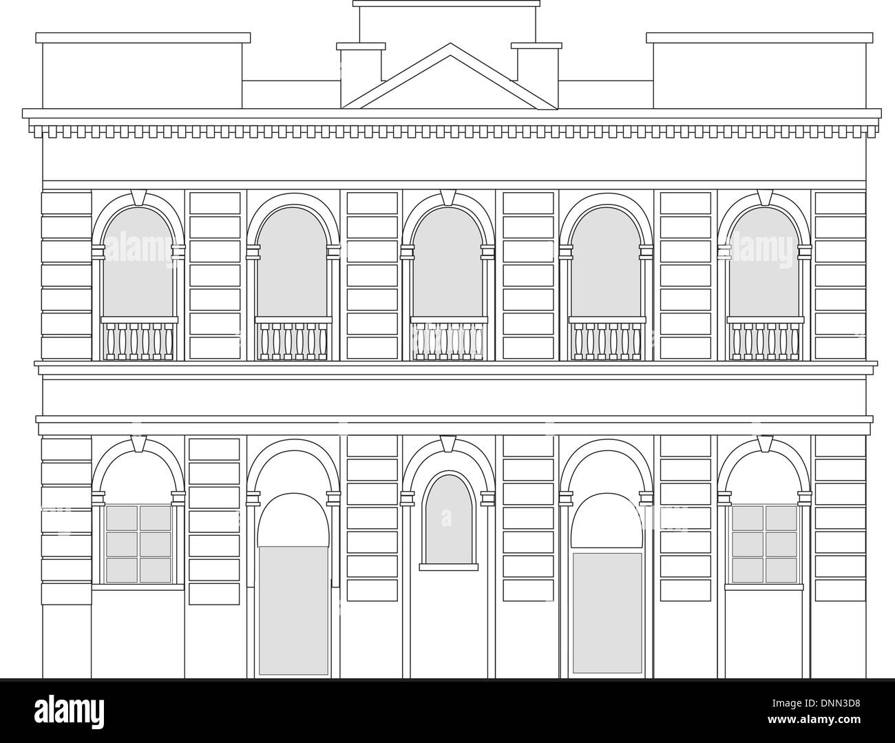 Dessin illustration d'un bâtiment maison patrimoniale vue de l'avant d'élévation sur fond blanc Illustration de Vecteur