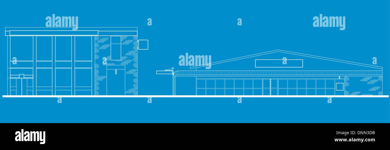 Dessin illustration d'un centre commercial ou un centre commercial building vue de l'avant d'élévation sur fond bleu Illustration de Vecteur