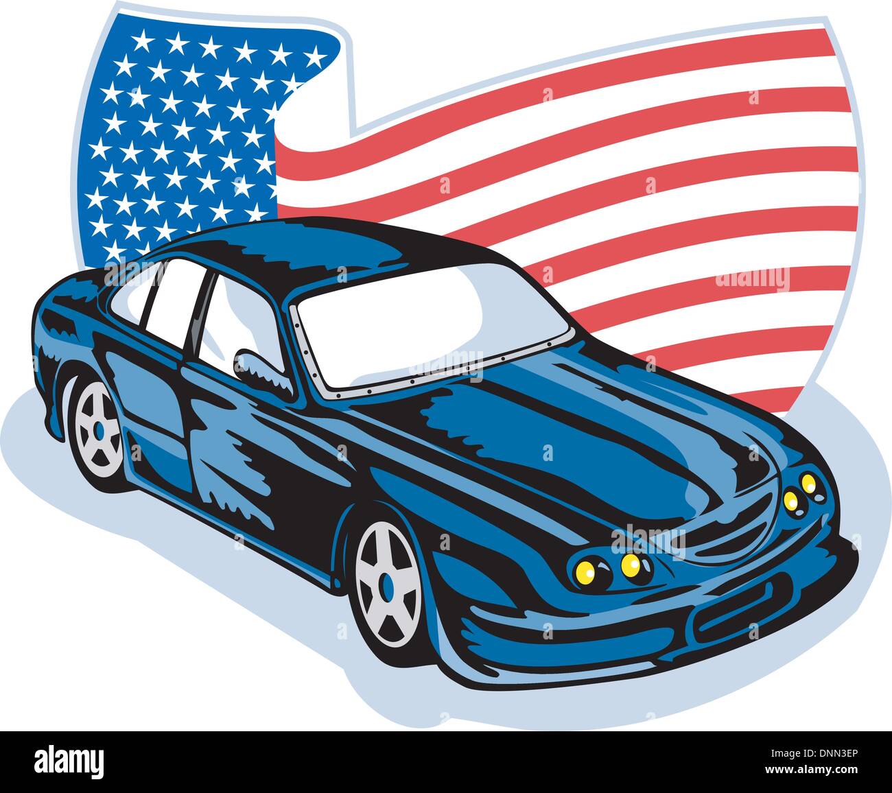 Design graphique illustration d'un américain Ford GT muscle car avec stars and stripes flag isolated on white Illustration de Vecteur