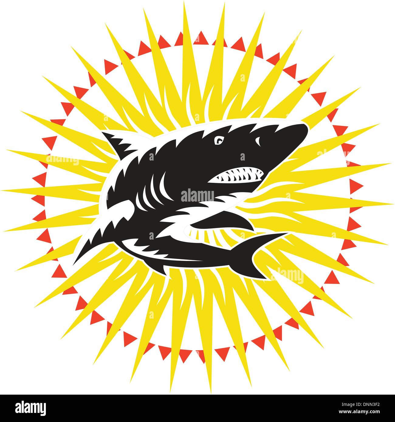 Illustration d'un shark natation jusqu'à la solarisation en arrière-plan fait en rétro style gravure sur bois. Illustration de Vecteur