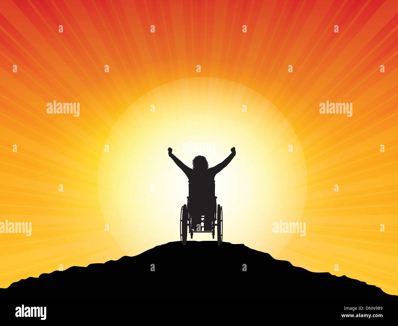 Silhouette d'une femme dans un fauteuil roulant avec ses bras soulevé dans la réussite Illustration de Vecteur