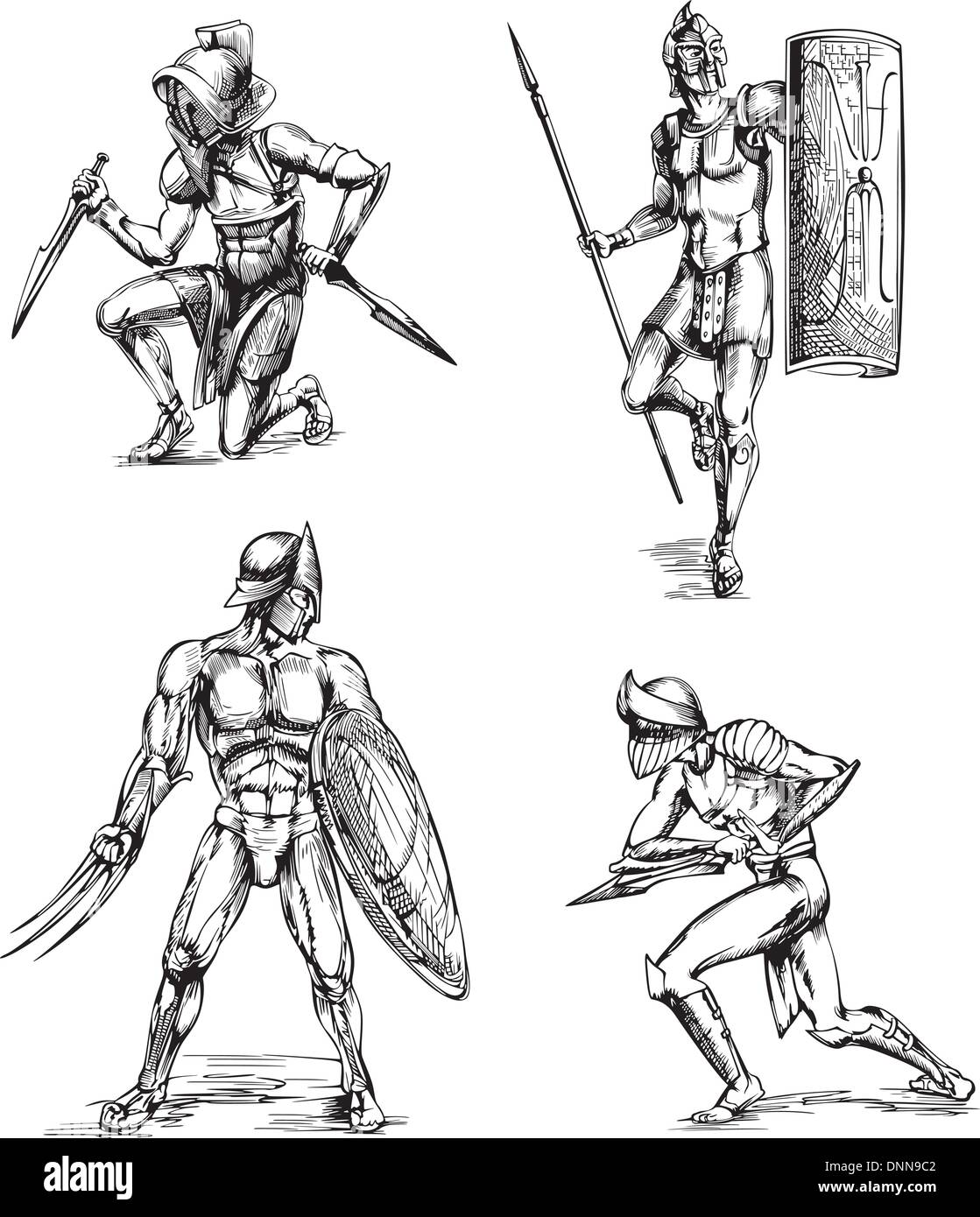 Les gladiateurs de la Rome antique. Ensemble de croquis en noir et blanc illustrations vectorielles. Illustration de Vecteur