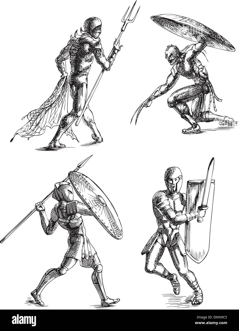 Les gladiateurs de la Rome antique. Ensemble de croquis en noir et blanc illustrations vectorielles. Illustration de Vecteur
