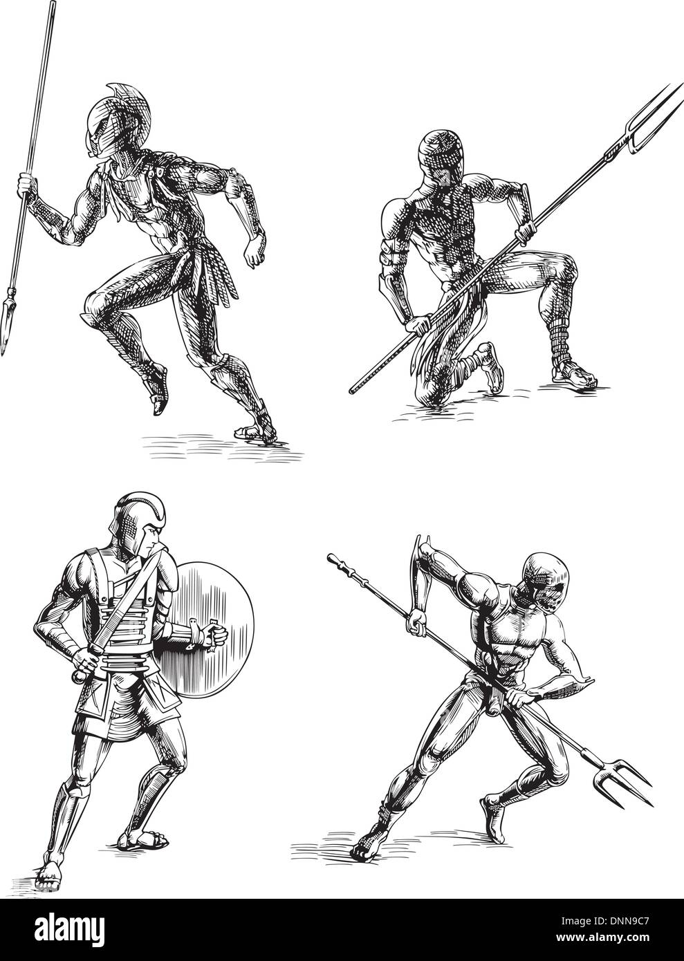 Les gladiateurs de la Rome antique. Ensemble de croquis en noir et blanc illustrations vectorielles. Illustration de Vecteur