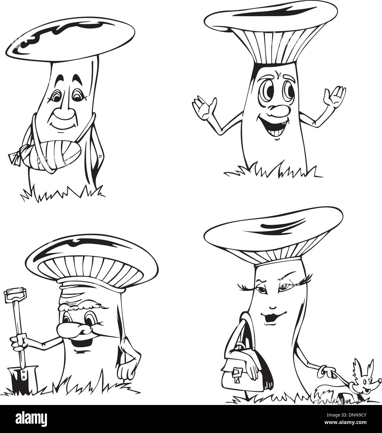 Caricatures de champignons. Série d'illustrations vectorielles en noir et blanc. Illustration de Vecteur