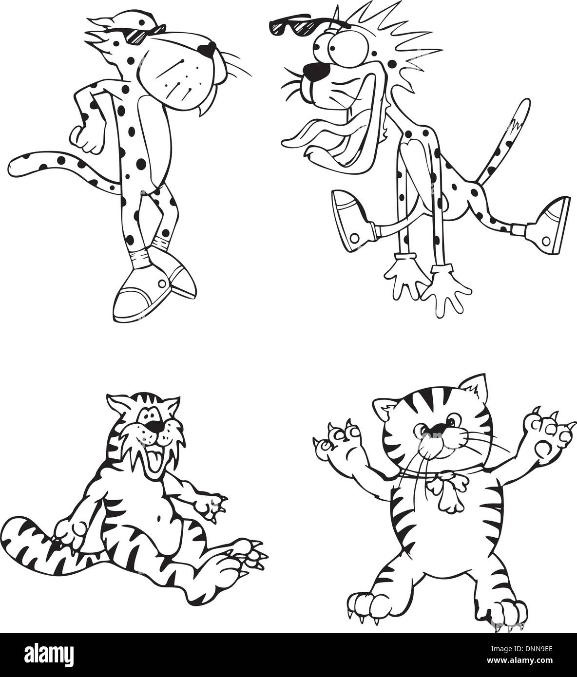 Leopard Cat et personnages de dessins animés. Série d'illustrations vectorielles en noir et blanc. Illustration de Vecteur