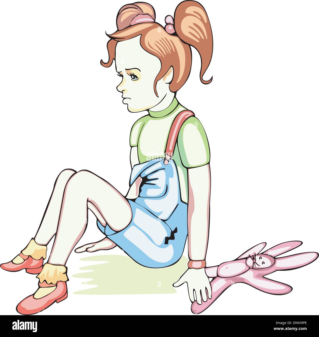 Triste séance fille avec lapin rose jouet. Illustration EPS vinyl-ready. Illustration de Vecteur