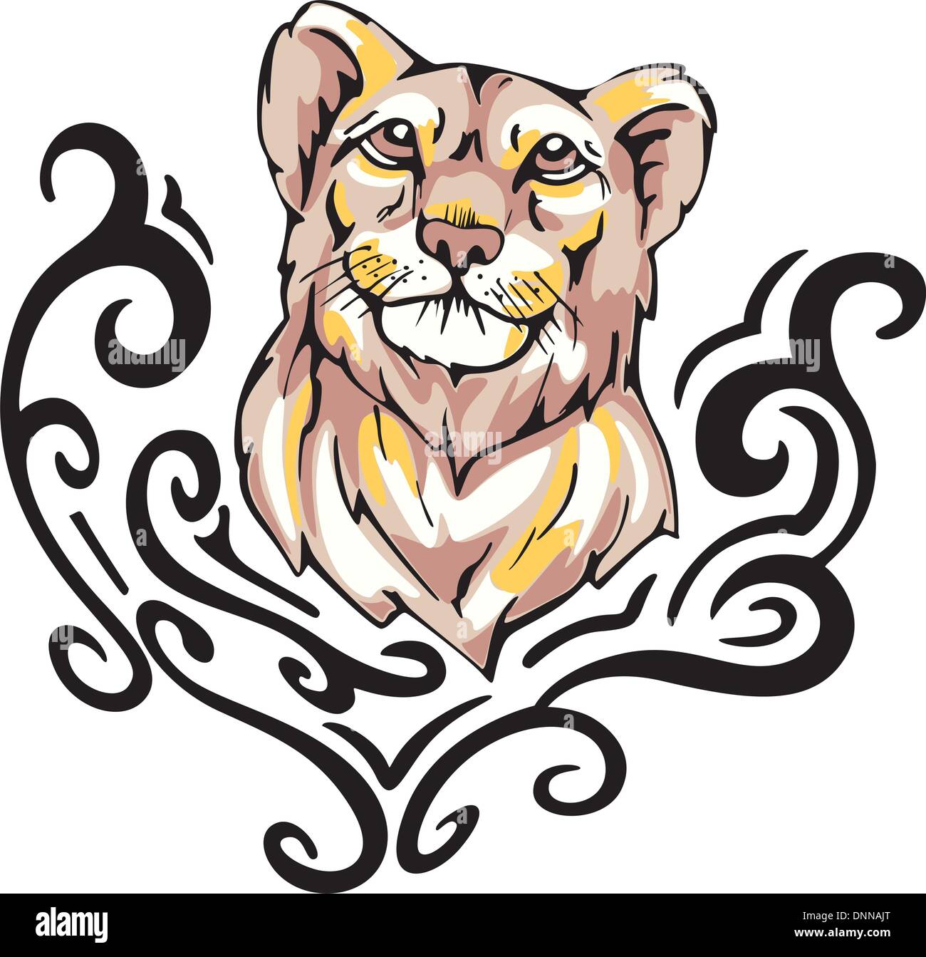 Tête de lionne avec tatouage. Illustration vecteur de couleur. Illustration de Vecteur