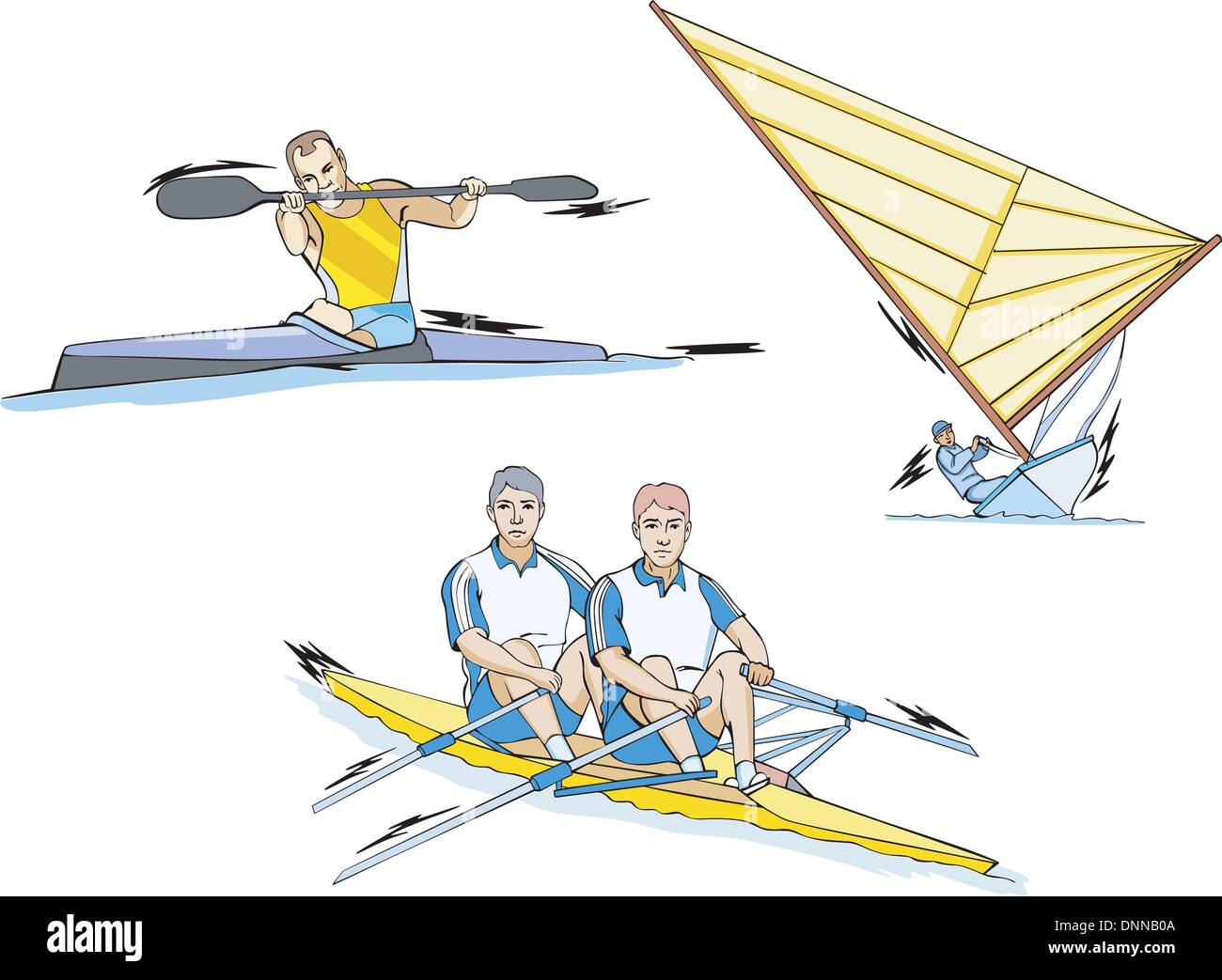 Sports d'eau : slalom en eau vive, l'aviron et la voile. Ensemble de vecteur de couleur des illustrations. Illustration de Vecteur