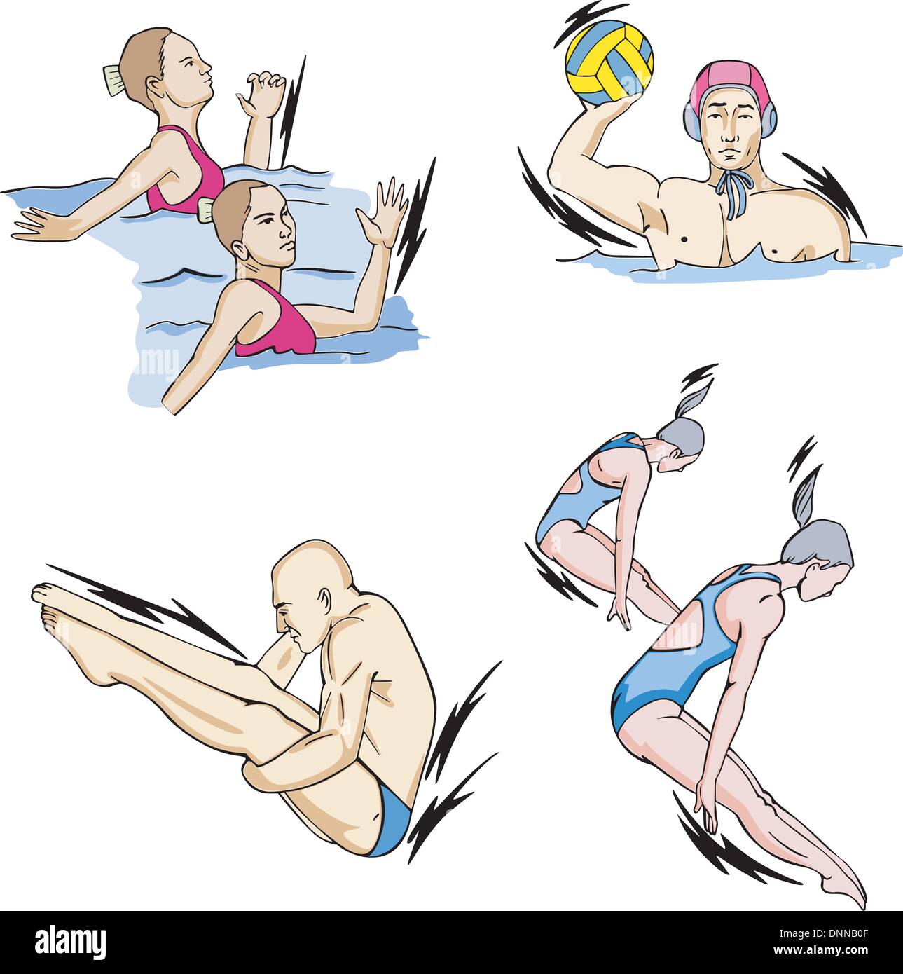 Sports d'eau : la natation synchronisée, le water-polo et la plongée. Ensemble de vecteur de couleur des illustrations. Illustration de Vecteur